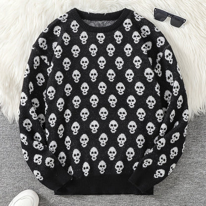 Unisex Pullover mit Totenkopfmuster Strick Rundhals Langarm Strickpullover