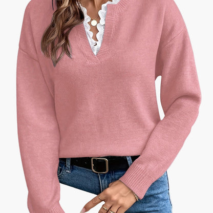 Damen Pullover Elegant mit V-Ausschnitt und Spitzenbesatz – Lockerer Strickpullover für Herbst und Winter