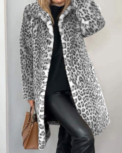 Damen Leopard Print Mantel Warmer Kunstfell-Mantel mit Reverskragen