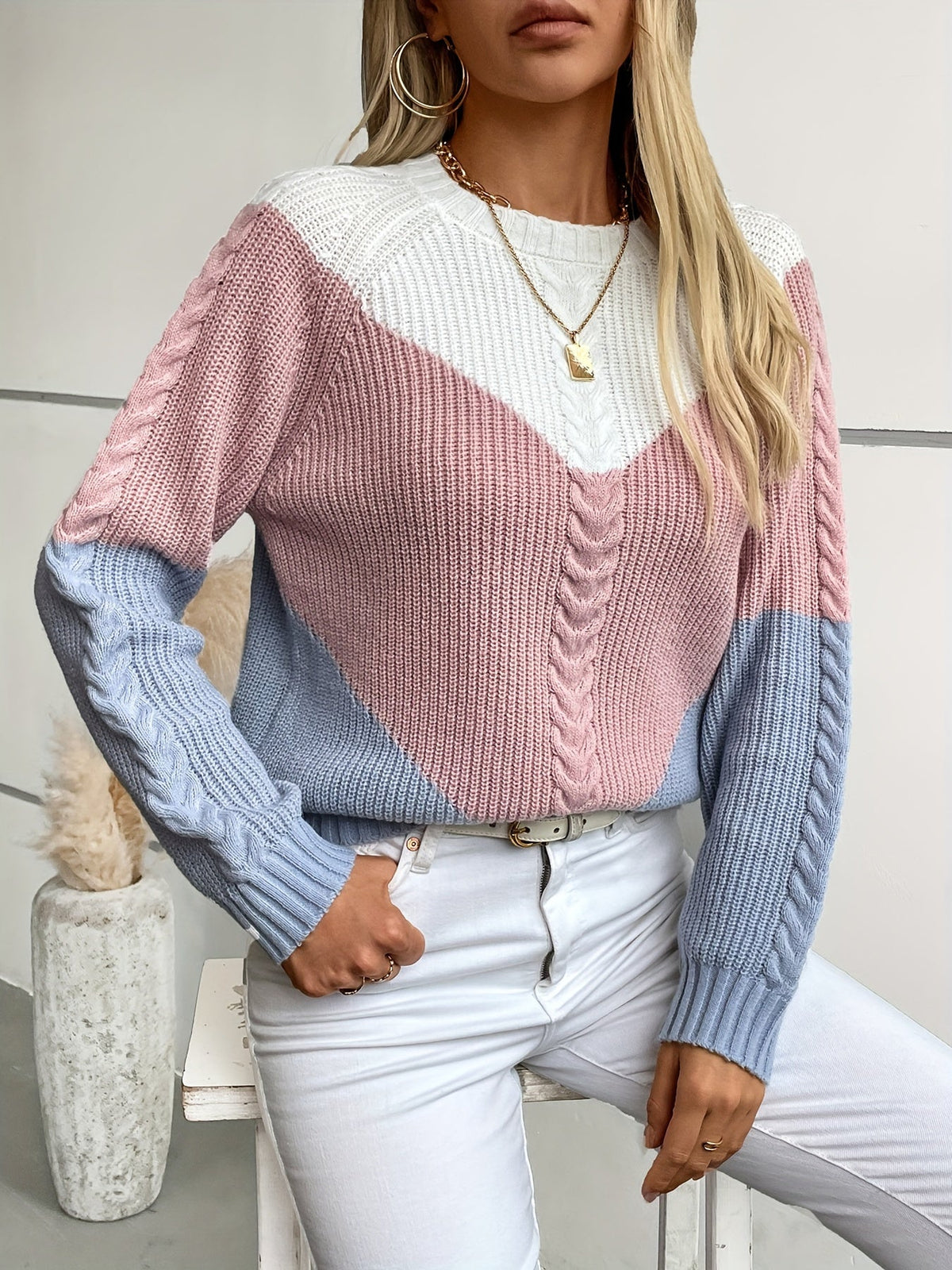 Damen Strickpullover Colour-Blocking Zopfmuster Langarm Rundhals