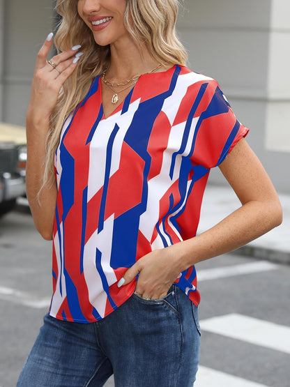 Damen Vintage Bluse mit geometrischem Muster, V-Ausschnitt, ideal für Büro und Freizeit