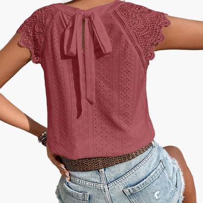 Damen Häkel-Spitzenbluse mit Rückenschleife – Sommerlich, Boho, Casual