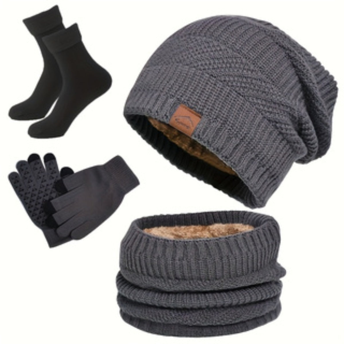 Unisex Winter Set 4-teilig: Strickmütze, Loop-Schal, Touchscreen-Handschuhe & Socken mit Futter