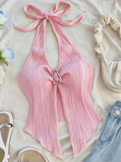 Damen Halterneck Party Top mit Raffungen und extravagantem Schnitt
