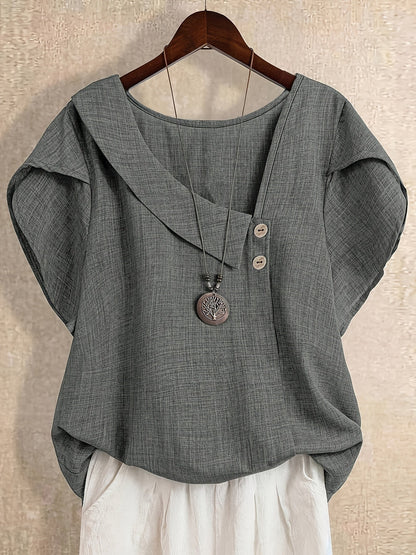 Damen Tunika Bluse mit asymmetrischem Ausschnitt und Knopfdetail – Künstlerischer Casual Look