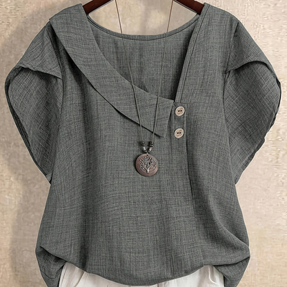 Damen Tunika Bluse mit asymmetrischem Ausschnitt und Knopfdetail – Künstlerischer Casual Look