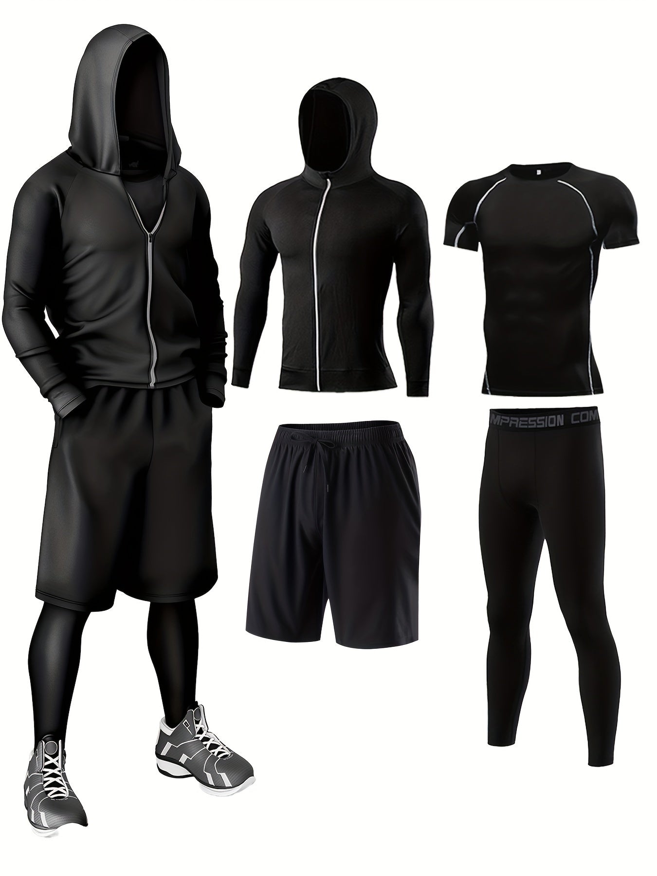 Herren Sport-Trainingsanzug 5-teilig – Fitness & Lauf Set, athletischer Stil