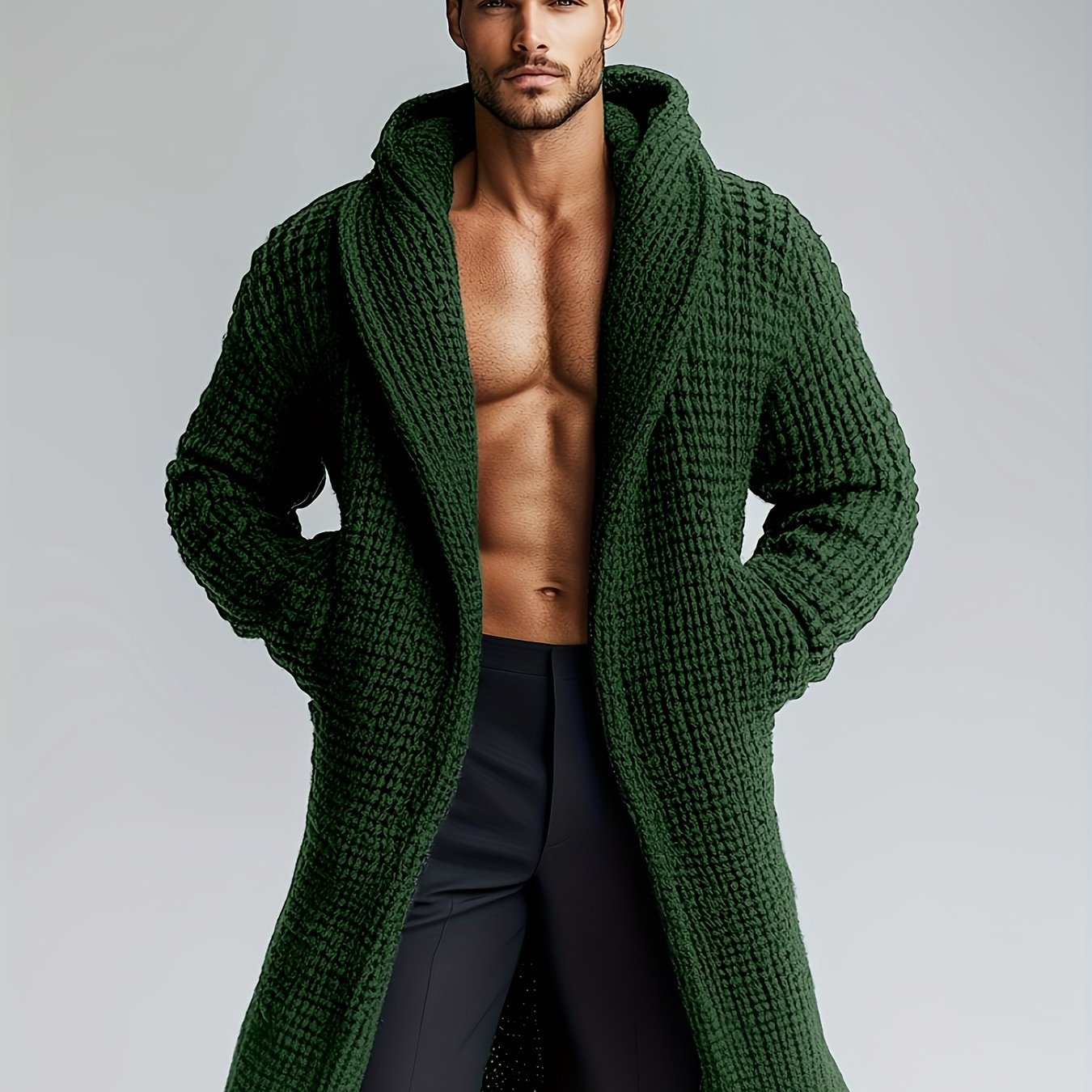 Herren Cardigan Lang Strickpullover Haussweater Dunkelgrau mit Kapuze