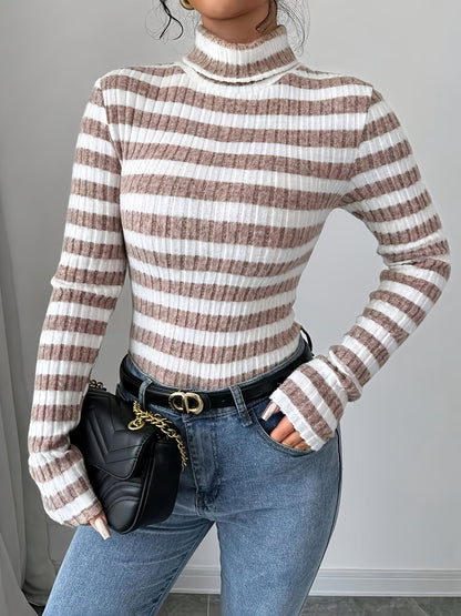 Damen Rollkragenpullover Gerippt Gestreift Langarm Oberteil