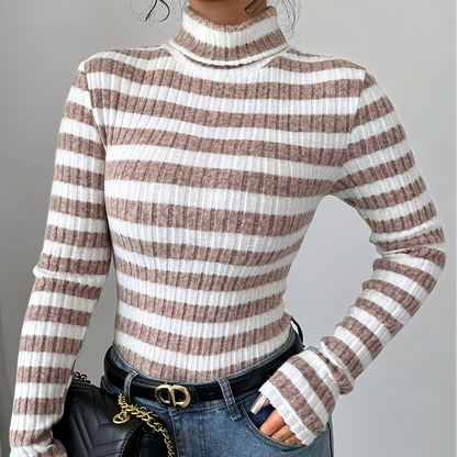Damen Rollkragenpullover Gerippt Gestreift Langarm Oberteil