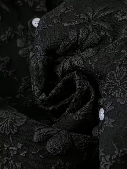 Damen Crop Bluse Schwarz Langarm Blumenmuster Strukturiert