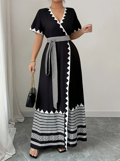 Damen Maxi Wickelkleid mit grafischem Muster und Bindegürtel – Eleganter Look für besondere Anlässe