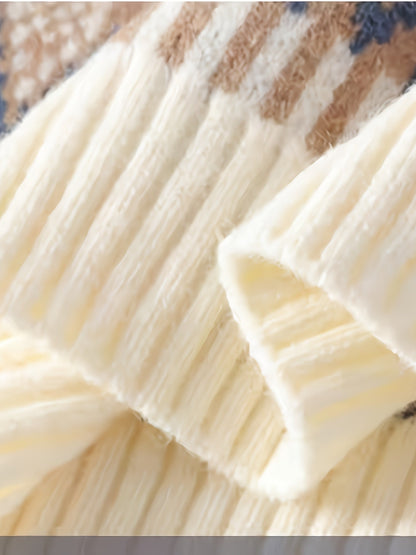 Cremefarbener Grobstrick Pullover mit Rundhalsausschnitt und gemustertem Saum