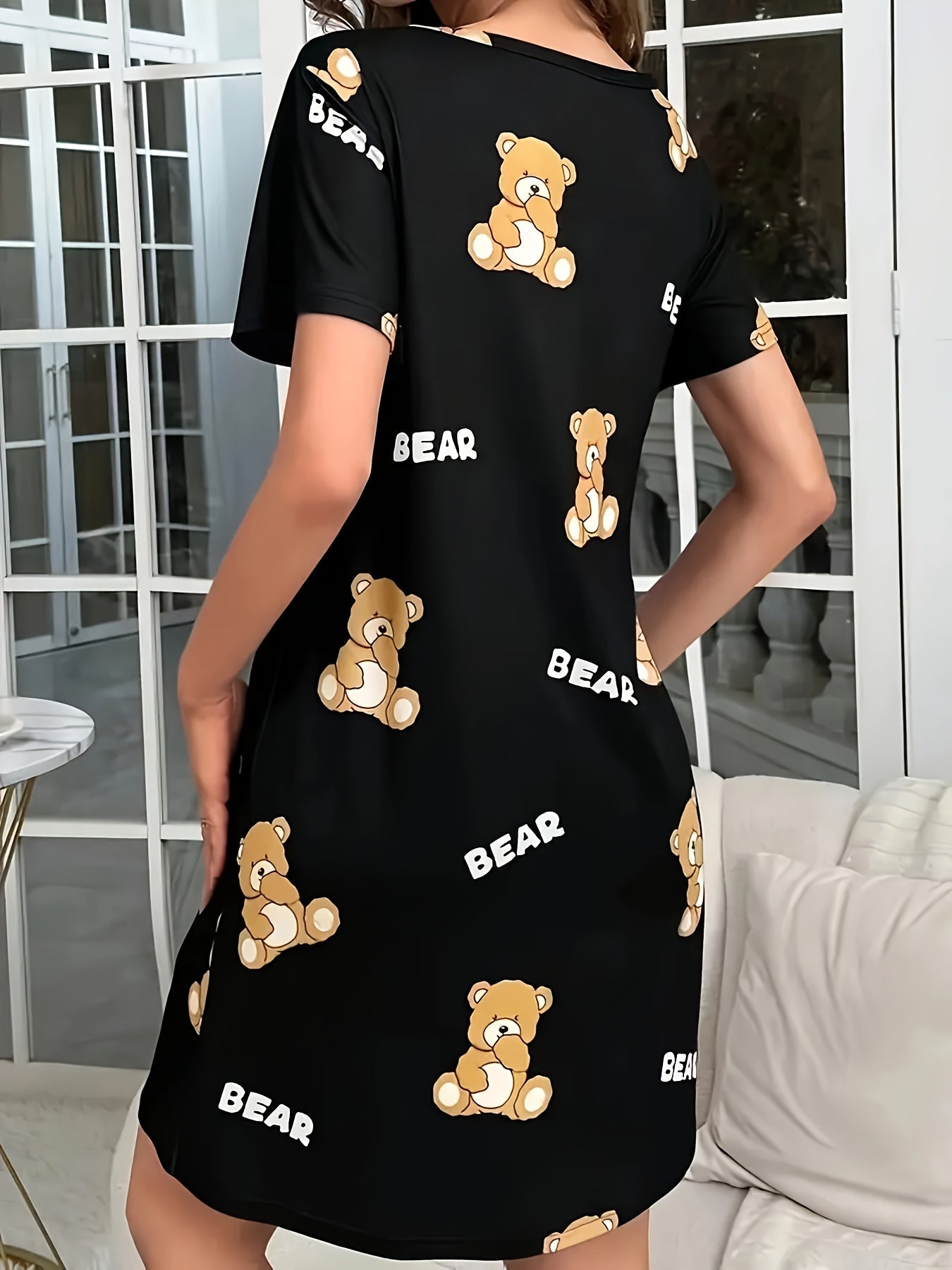 Damen Nachthemd mit Bären-Print – Bequemes Cartoon-Tunika Schlafkleid für Erwachsene