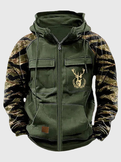 Herren Kapuzenjacke mit Reißverschluss, Camouflage Ärmel & Hirsch-Motiv