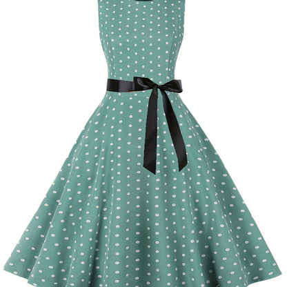 Damen Vintage Polka Dot Rockabilly Kleid mit Gürtel – Elegantes Retro Partykleid