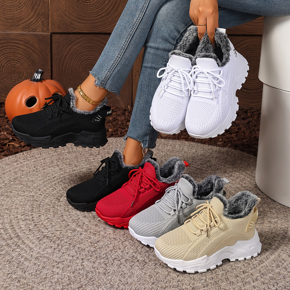 Damen Sneaker Rot mit Schnürung & Plüschfutter | Winter Sport Freizeit Schuhe