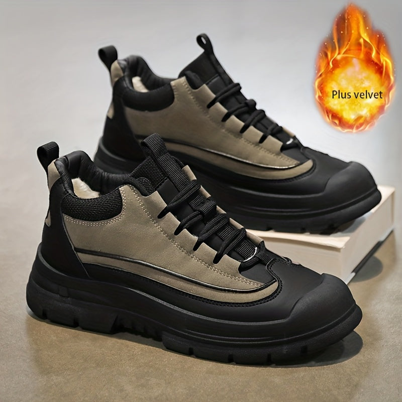 Unisex Sneaker mit dicker Sohle und Schnürung, Schwarz und Grau/Khaki