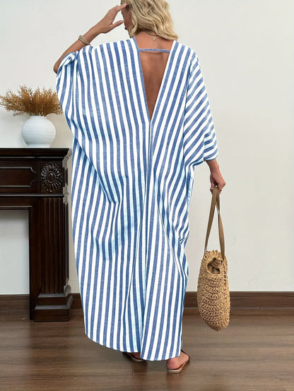 Damen Kaftan Maxi Kleid mit Streifen – Lässiger Oversize Strand- und Urlaubslook