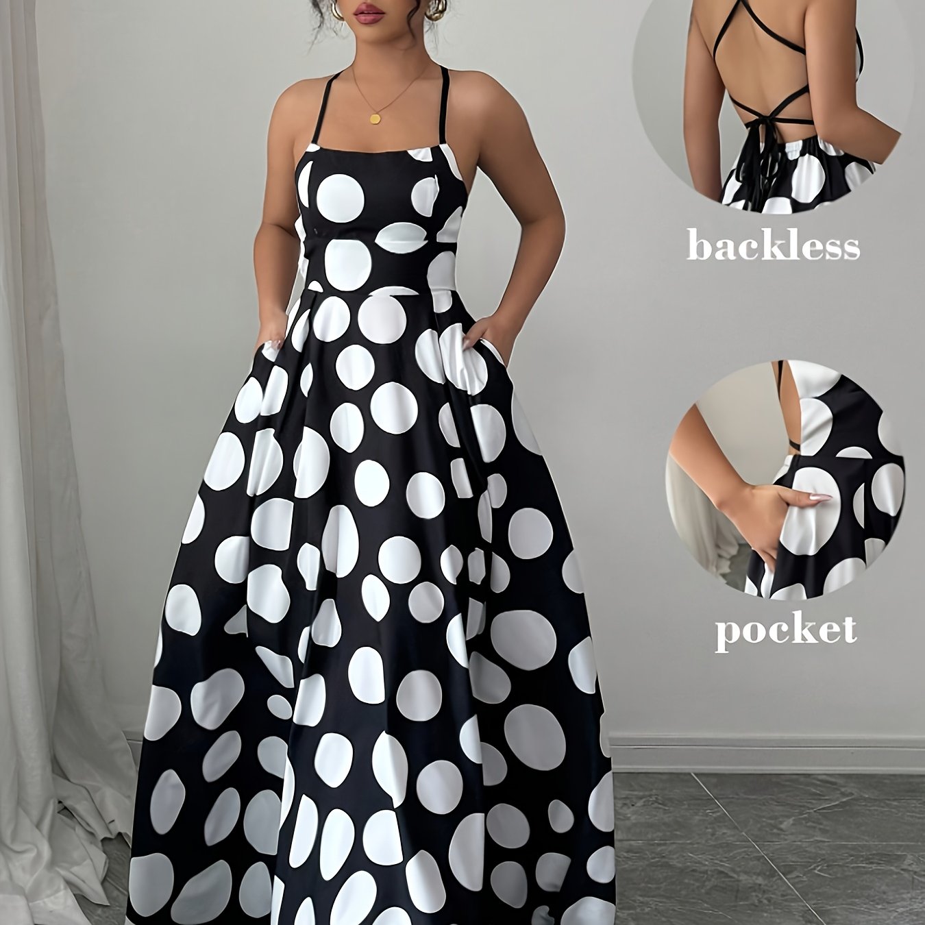 Damen Maxikleid mit Rückenausschnitt und Polka-Dot-Design – Elegantes Abendkleid mit Taschen