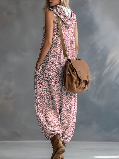 Damen Jumpsuit ärmellos mit Leopardenmuster Kapuze Reißverschluss und Taschen