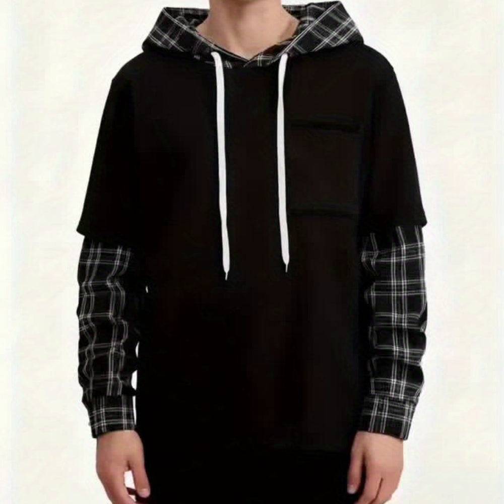 Hoodie Braun/Schwarz Kariert mit Kapuze und Brusttasche