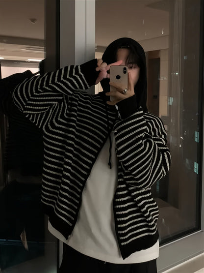 Gestreifter Strick Hoodie Jacke mit Reißverschluss für Herren