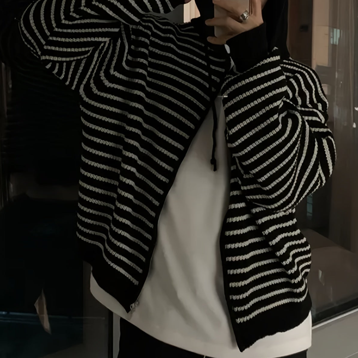 Gestreifter Strick Hoodie Jacke mit Reißverschluss für Herren