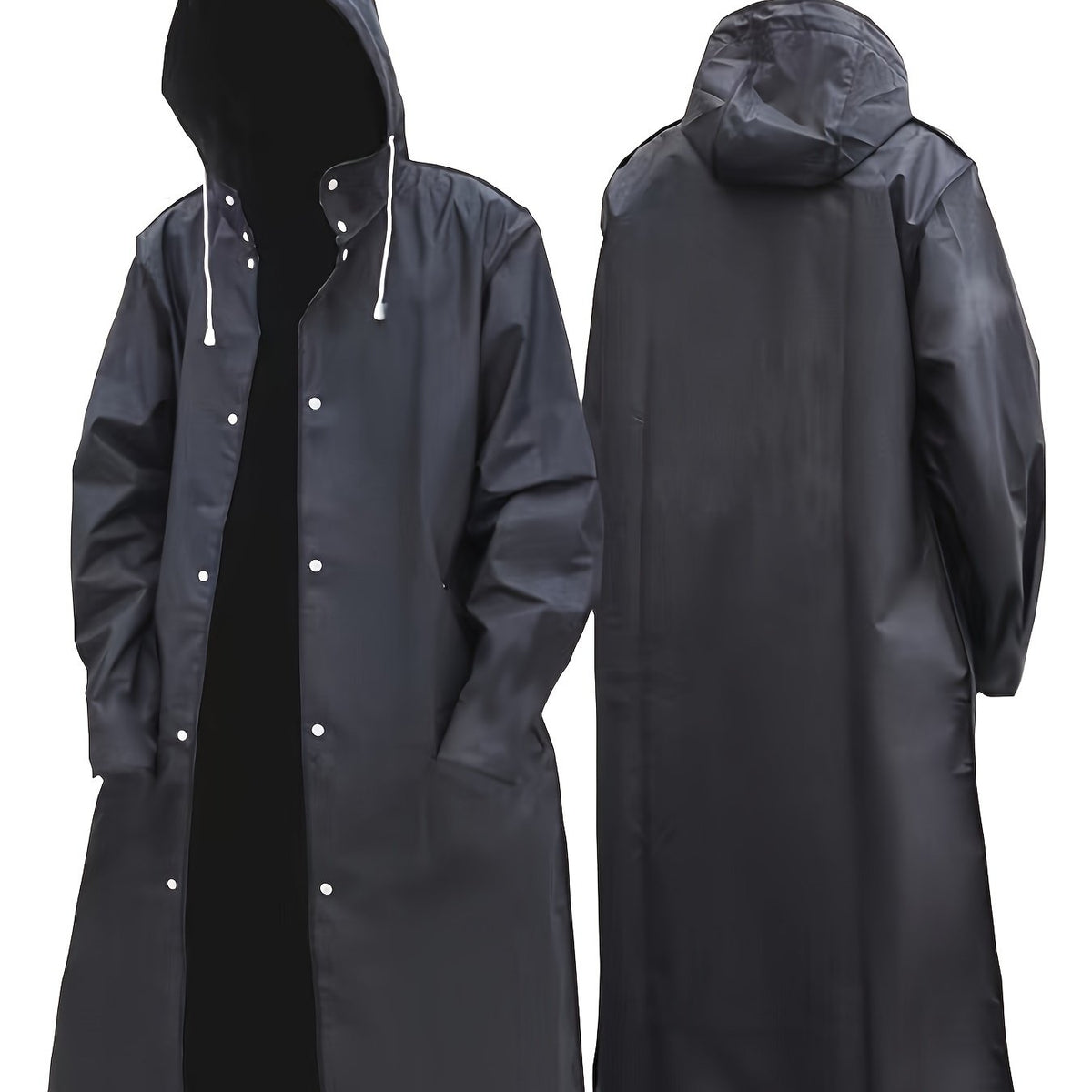 Unisex Regenmantel Lang Schwarz mit Kapuze und Druckknöpfen