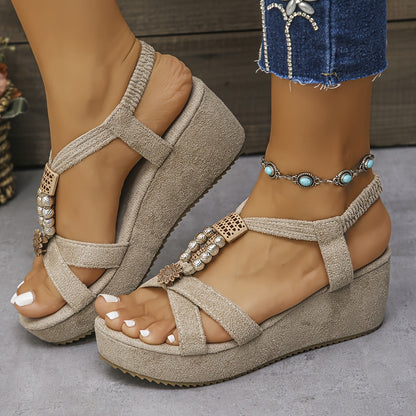 Damen Plateau-Sandalen mit Boho-Perlendekor und bequemem Keilabsatz – Vintage Sommerschuhe für Alltag & Urlaub