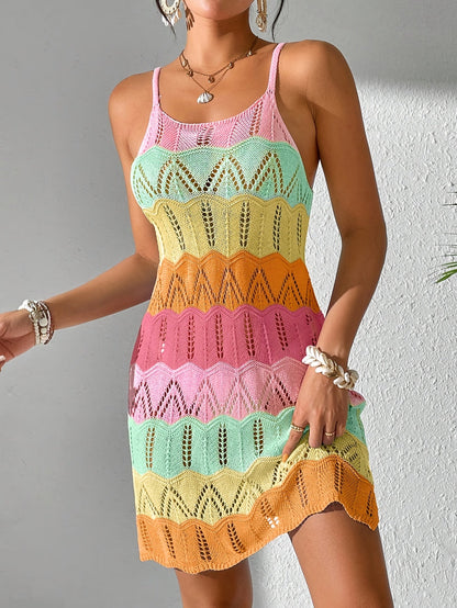 Damen Boho Häkel Minikleid mit Zickzackmuster für Urlaub und Freizeit
