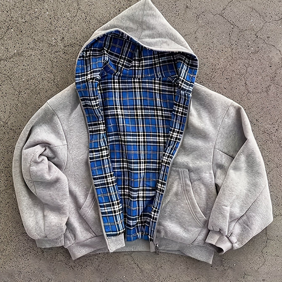 Unisex Reißverschluss-Hoodie Grau mit kariertem Futter, lässig
