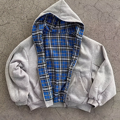Unisex Reißverschluss-Hoodie Grau mit kariertem Futter, lässig