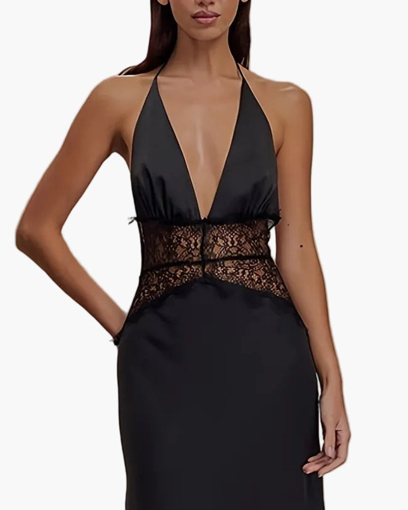 Damen Abendkleid im eleganten Fit & Flare Stil mit tiefem V-Ausschnitt und Spitzenakzent – Perfekt für festliche Anlässe