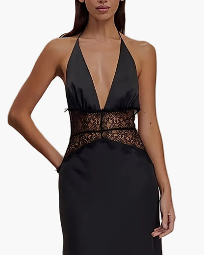 Damen Abendkleid im eleganten Fit & Flare Stil mit tiefem V-Ausschnitt und Spitzenakzent – Perfekt für festliche Anlässe