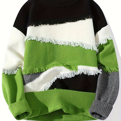 Unisex Langarm Pullover mit Rundhalsausschnitt und Fransen-Patchwork