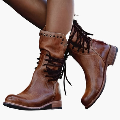 Damen Vintage Veganem Leder Stiefeletten mit Schnürung – Robuste Booties für Abenteuer & Freizeit
