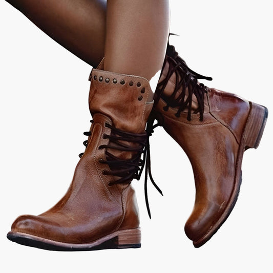 Damen Vintage Veganem Leder Stiefeletten mit Schnürung – Robuste Booties für Abenteuer & Freizeit