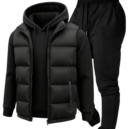 Herren Sportanzug Set Hoodie Weste & Jogginghose Steppweste mit Kapuzenpullover