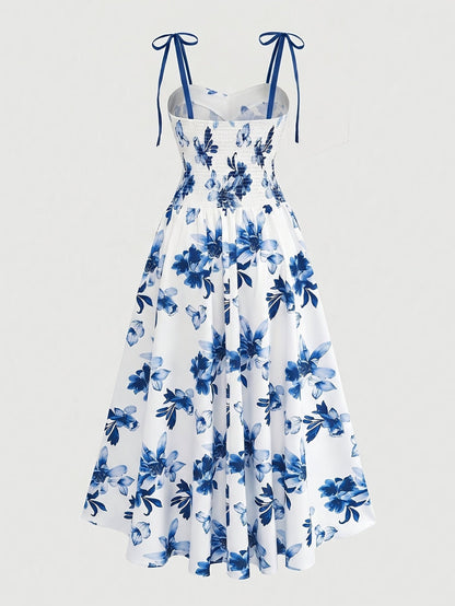Damen Midikleid mit Blumenmuster und Schleifen-Trägern – Elegantes A-Linien Sommerkleid