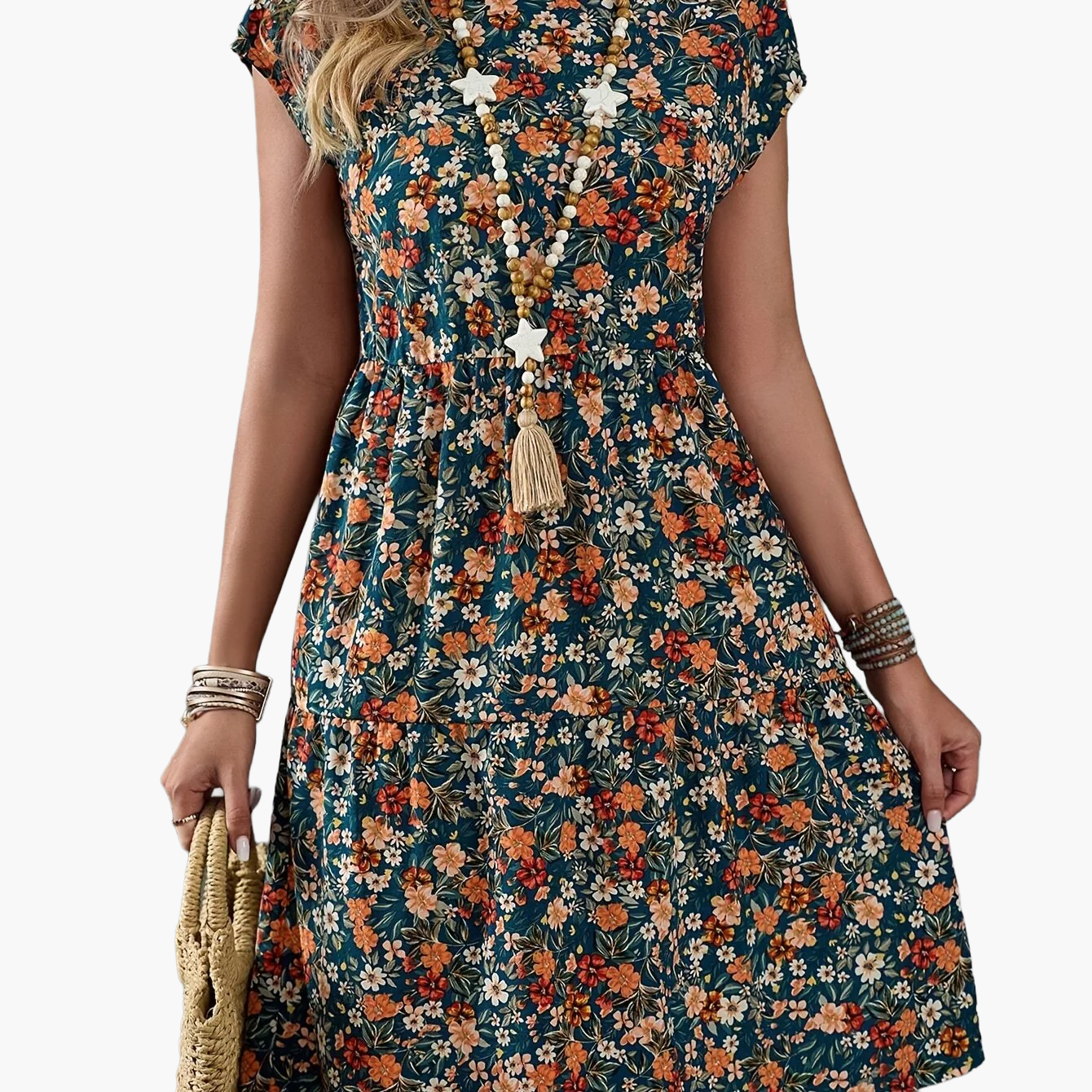Damen Sommerkleid im Blumenmuster – Freizeit & Urlaub, Knielang, Kurzarm