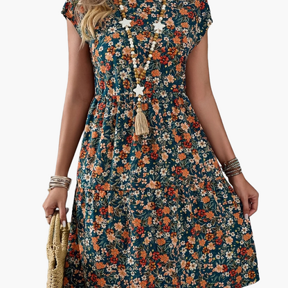 Damen Sommerkleid im Blumenmuster – Freizeit & Urlaub, Knielang, Kurzarm