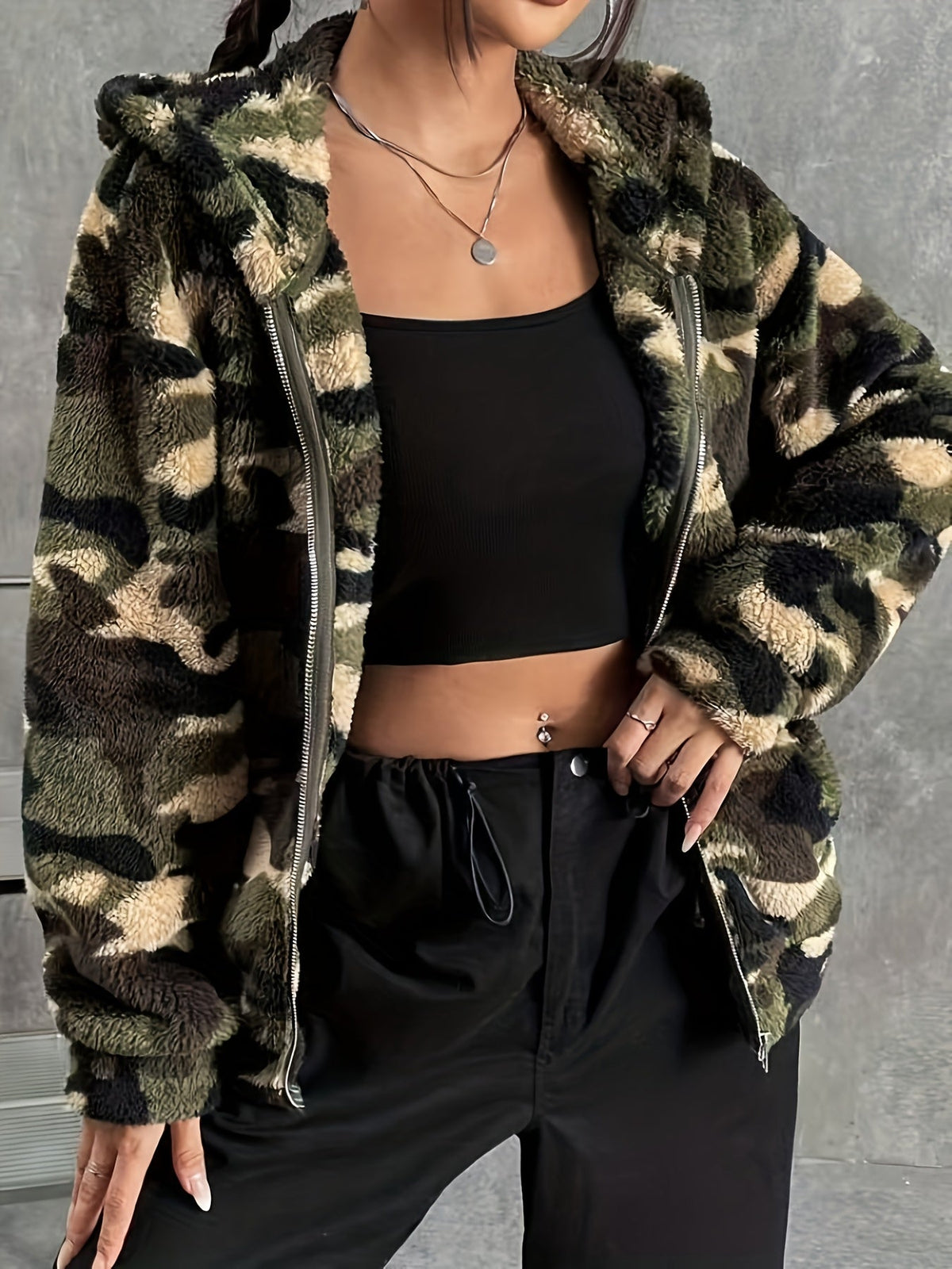 Damen Teddyfell Kapuzenjacke Camouflage Muster mit Reißverschluss