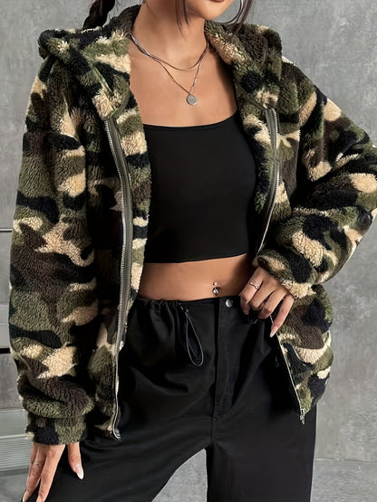Damen Teddyfell Kapuzenjacke Camouflage Muster mit Reißverschluss