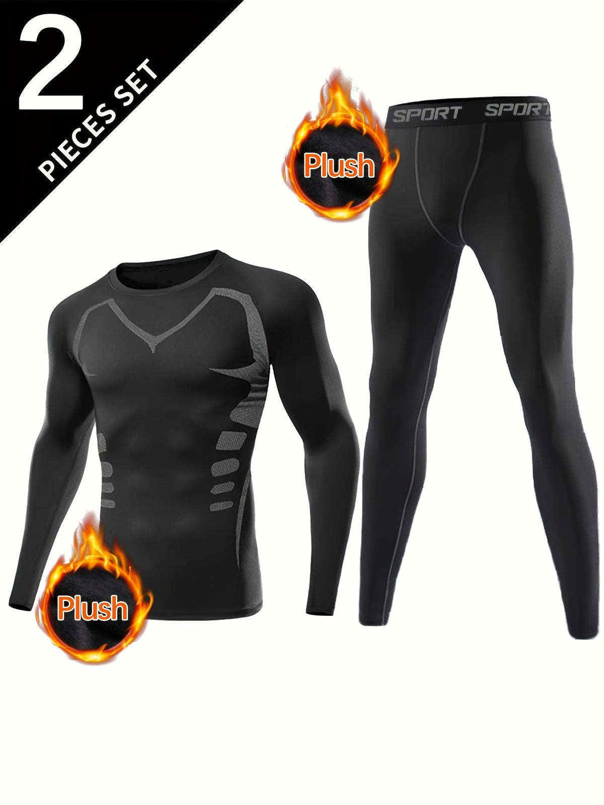 Sportliches Thermounterwäsche-Set Herren Kompressions-Shirt & Hose Schwarz