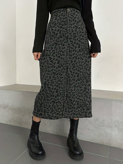 Damen Midi Rock mit Leopardenmuster und Schlitz, Rippstruktur