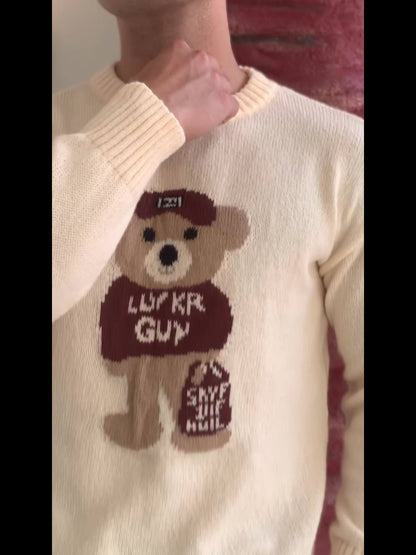 Unisex Strickpullover mit Teddybär-Muster Rundhalsausschnitt Langarm
