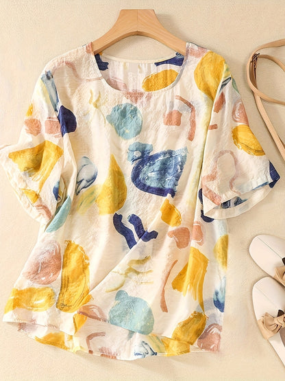 Damen Kurzarm-Bluse mit abstraktem Print und lockerem Schnitt – Modische Freizeitbluse