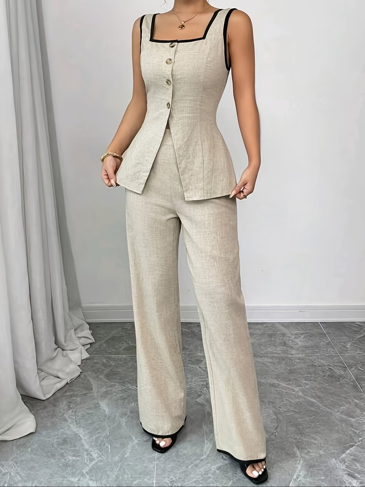 Damen Eleganter Zweiteiler Hosenanzug mit Knopfleiste und Schößchen für Büro & Alltag
