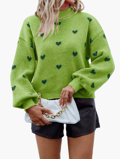 Damen Pullover mit Herzmuster und Ballonärmeln – Lässiger Strick für Alltag und Freizeit